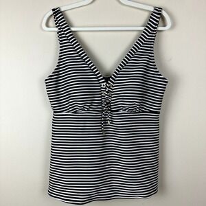 Lands' End Tankini Swim Top Womens 18 Black White Stripe Lace Up Front Swimsuit